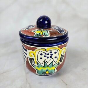 Talavera Canister Jar with Lid Handmade Blue Red Lead Free Mexico Decoration